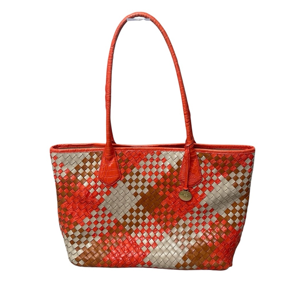 Brahmin Sassy Tote Orange Leather Firecracker Woven Luxe with Croc Detail
